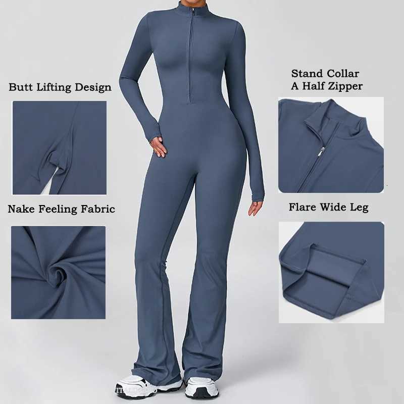VITALINOVO Women Long Sleeve Flare Workout Jumpsuit Zip Up Romper Bottom Pants Wide Leg Full Length Bodysuit Bodycon One Piecet251219