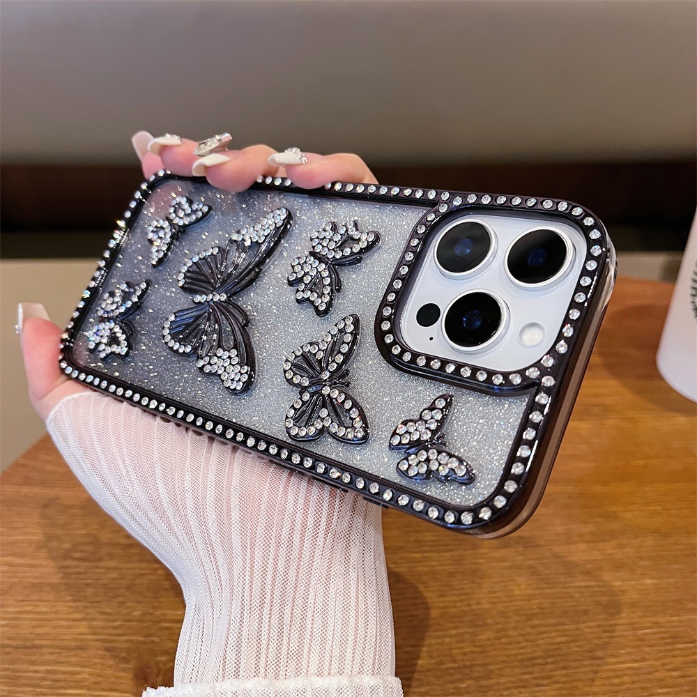 iPhone 17 Electroplated 3D Butterfly Rhinestone Phone Case Compatible with Apple 16 Pro Max Gradient Glitter 15 Cross-border