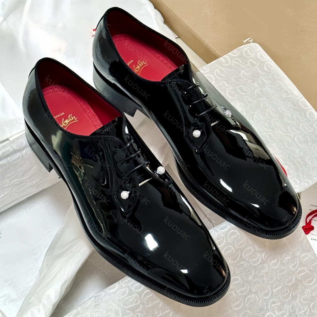 Men Dress Shoes loafers genuine leather patent leather red shiny bottomshoes men casual shoes low-top casual wedding shoes business pointed toe rivet leather shoes