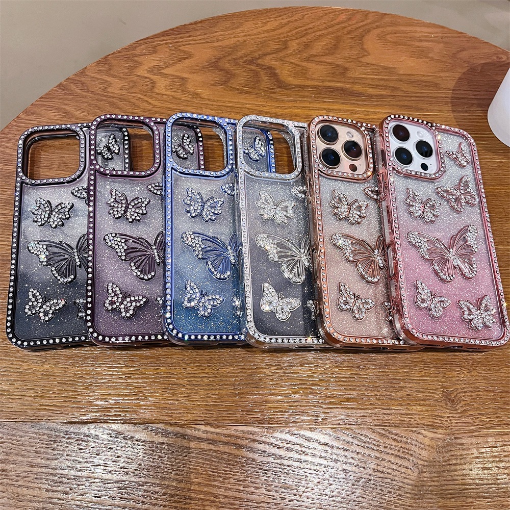 iPhone 17 Electroplated 3D Butterfly Rhinestone Phone Case Compatible with Apple 16 Pro Max Gradient Glitter 15 Cross-border