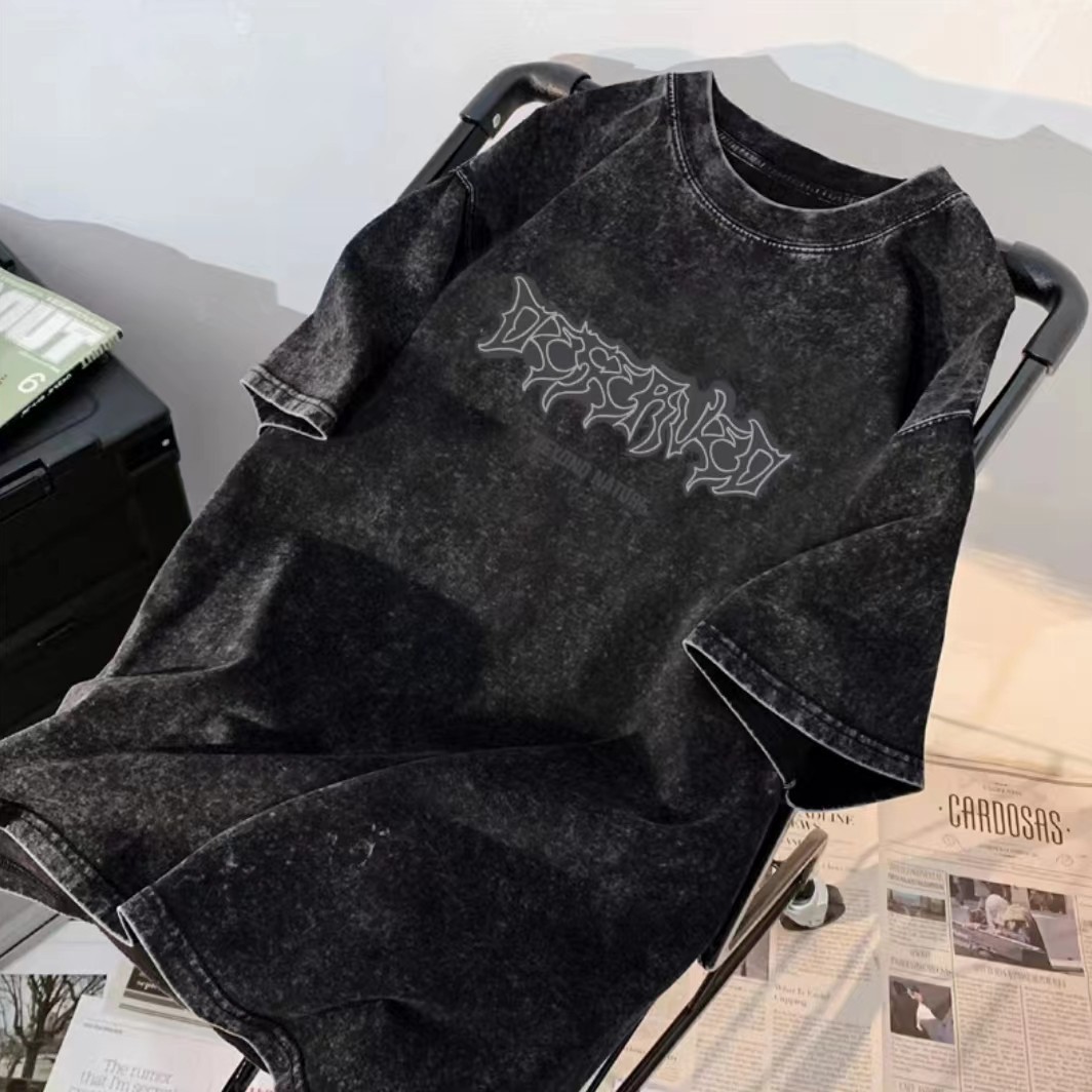 Men's American Vintage Washed Distressed Short-Sleeve T-Shirt, Summer New Arrival INS Streetwear Loose Tee
