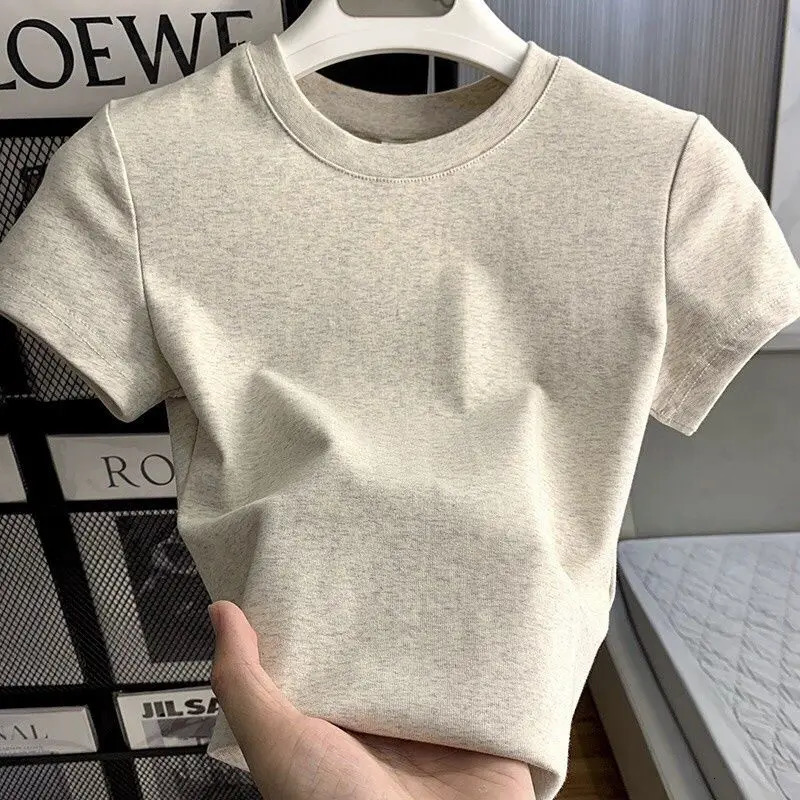 Spring Summer Short Sleeve T-Shirt Women Solid Simple Casual Soft All-Match Basic Slim Tops Tees Summer Fashion 2025 251219