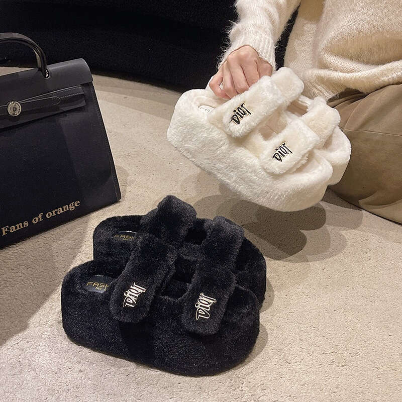 Internet Celebrity Magic Tape 8CM Thick Sole Furry for Women, Outdoor Wear, 2025 Autumn and Winter New Embroidered Letter Cotton Slippers