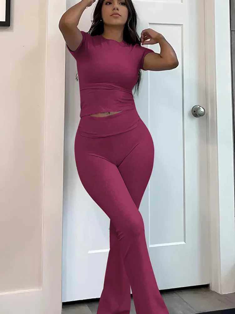 Womens two-piece sports leisure yoga set short-sleeved cuffed flared trousers short-sleeved top sports sett251219