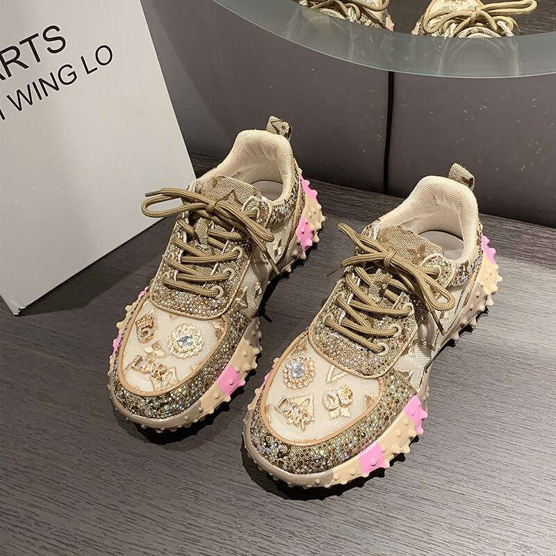 Luxury Designer Shoes Letter With Rhinestones Fashion Sneakers Durian Platform Sole Mesh Single Shoes For Women