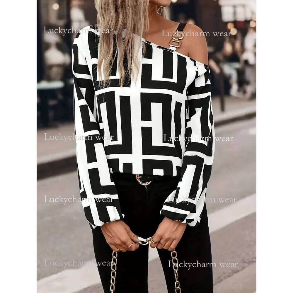 Elegant Geometric Printed Women's Blouse Spring 2025 New Product Slant Neck Off Shoulder Long Sleeve Hoodie Casual Shirt Ladies