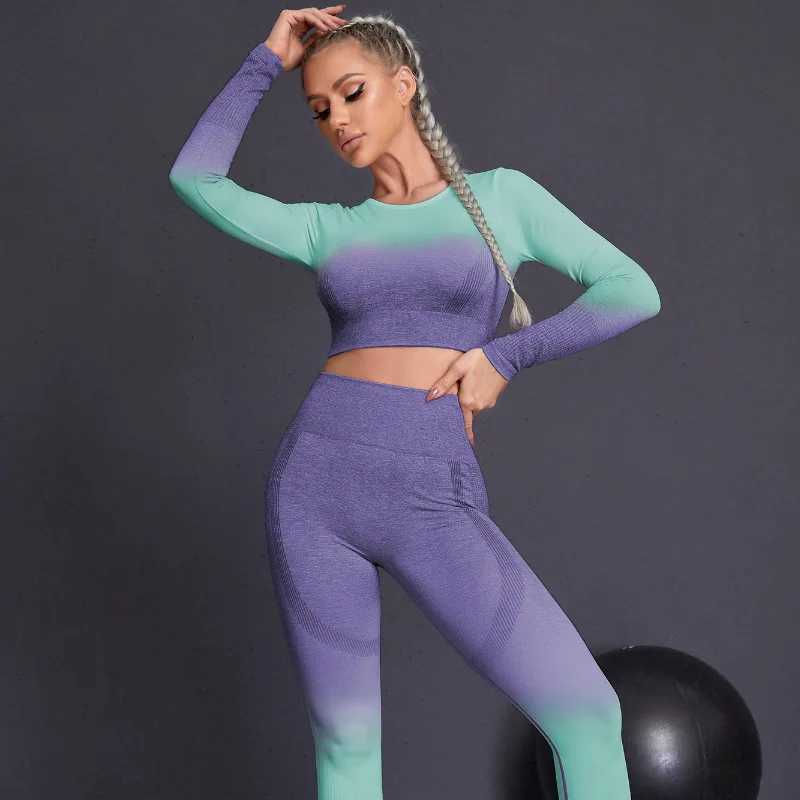 Seamless Yoga Sets Sports Fitnes High Waist Hip Raise Pants Long-Sleeved Suits Workout Clothes Gym Shorts Set for Woment251219
