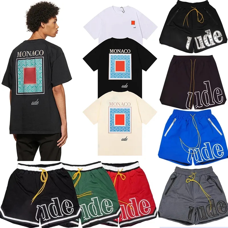(Buy 2 Pieces Get Random Color Sock) Rhude Designer Mens T Shirts and Shorts Set Tee Basketball Short Pants Shirt Luxurys Summer Beach Letter Mesh Street Tees