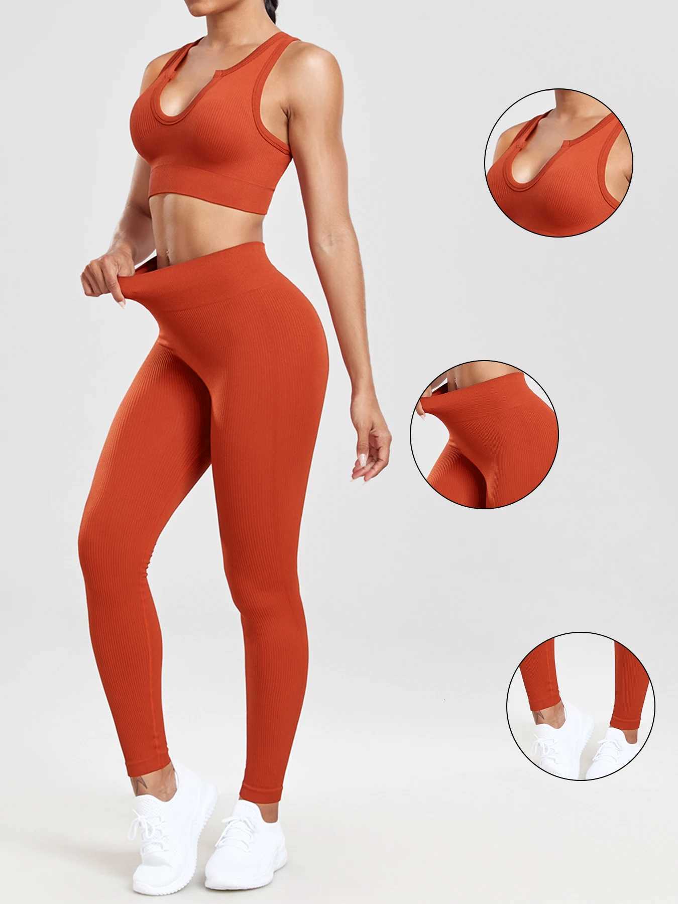 CHRLEISURE Workout Outfits for Women 2 Piece Ribbed Seamless Yoga Suit High Waist Leggings with Crop Tank Top Gym Exercise Sett251219