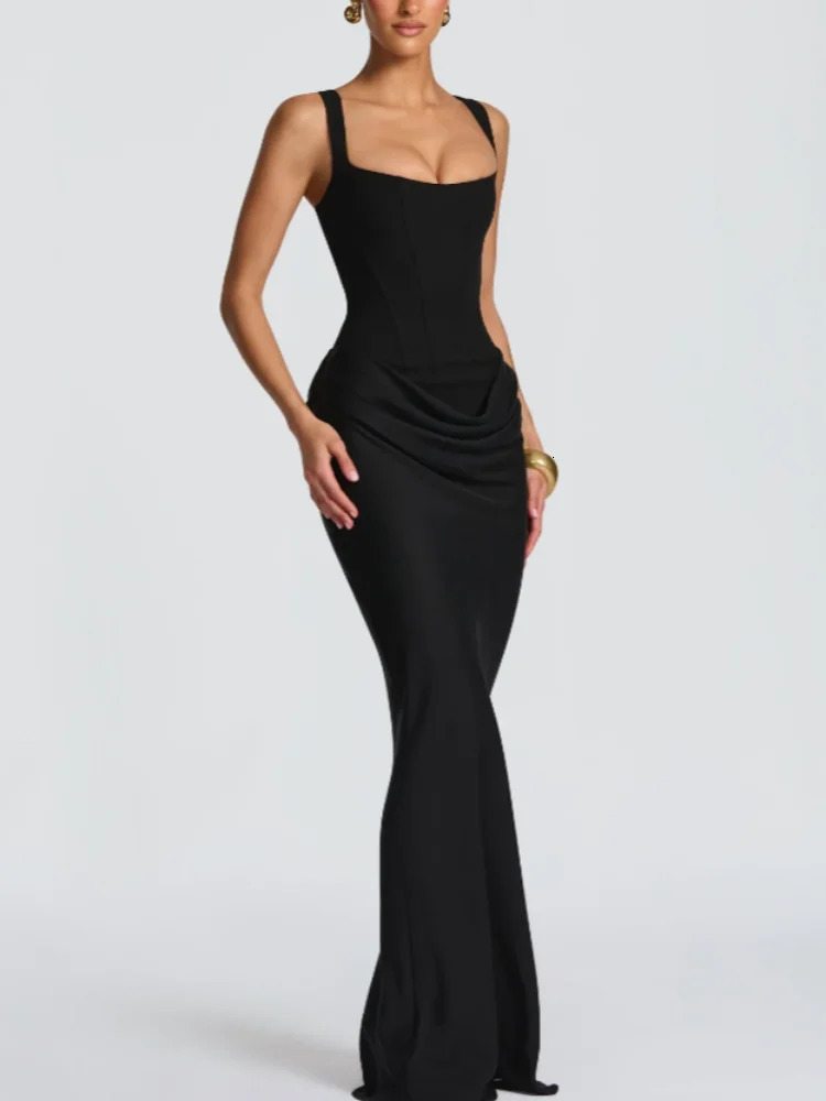 Solid Pleated Sling Dres Square Neck Sleeveless Offshoulder Waist Cinching Slim Dresses Lady Evening Party Gowns 2025 251219