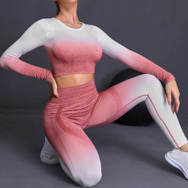 Seamless Yoga Sets Sports Fitnes High Waist Hip Raise Pants Long-Sleeved Suits Workout Clothes Gym Shorts Set for Woment251219