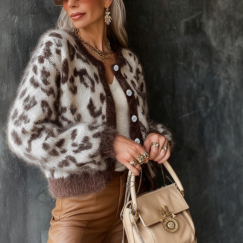 Women's leopard print sweater for autumn and winter, round neck, long sleeves, cardigan, leopard print jacquard. AMX006