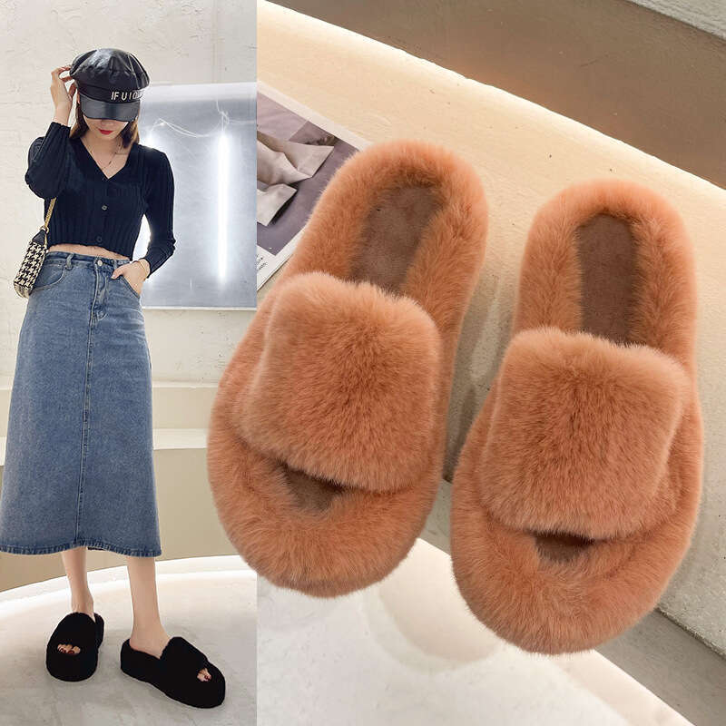 Large Size 5cm Thick Sole One-Strap Furry for Women 2025 New Autumn Winter Fashion Open-Toe Cotton Slippers
