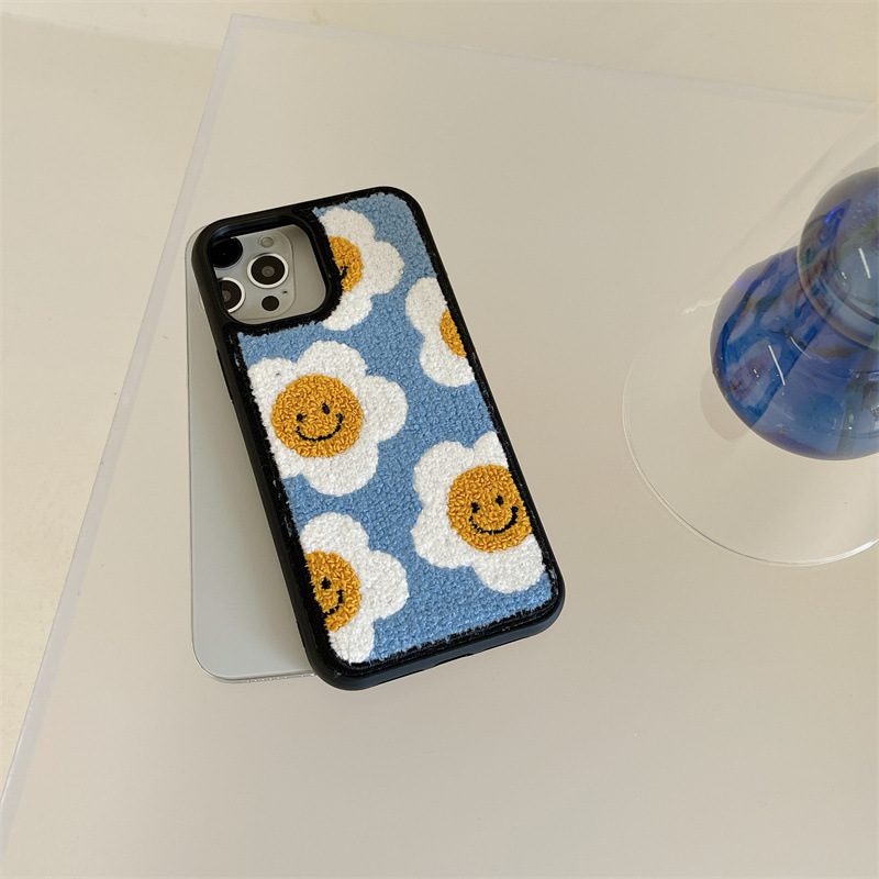Embroidered Smiley Flower Case for iPhone 16 Pro Max Apple 17 Plush Sunflower 15 Autumn Winter