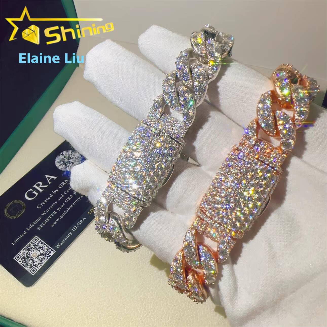GRA Certificated Hip Hop Sterling Silver 925 15mm Vvs Moissanite Fine Jewelry Cuban Link Chain Bracelet Moissanite Bracelet