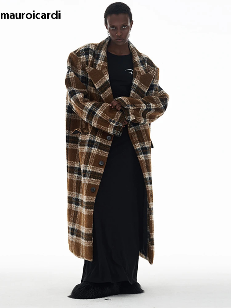 Mauroicardi Autumn Winter Oversized Long Thick Warm Colorful Plaid Wool Blends Coat Men Loose Runway European Fashion 251219