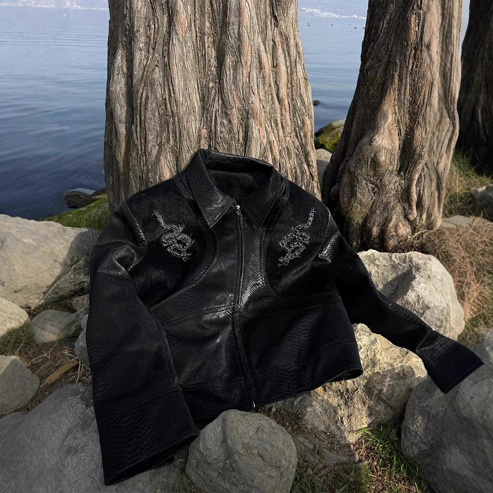 Y2k Snake Spine PU Leather Mens Motorcycle Jacket American Splice Men Short Jacket Autumn Streetwear Man Windbreaker 251216