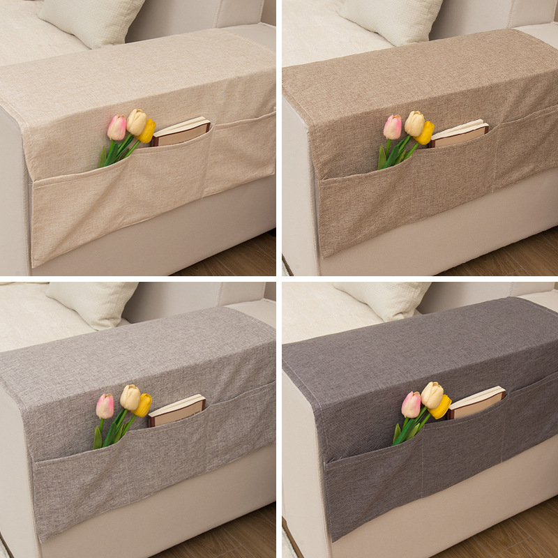 Sofa armrest cover, linen fabric, dustproof cover, sofa slipcover, suitable for all seasons, with storage and anti-slip features. W3KK01