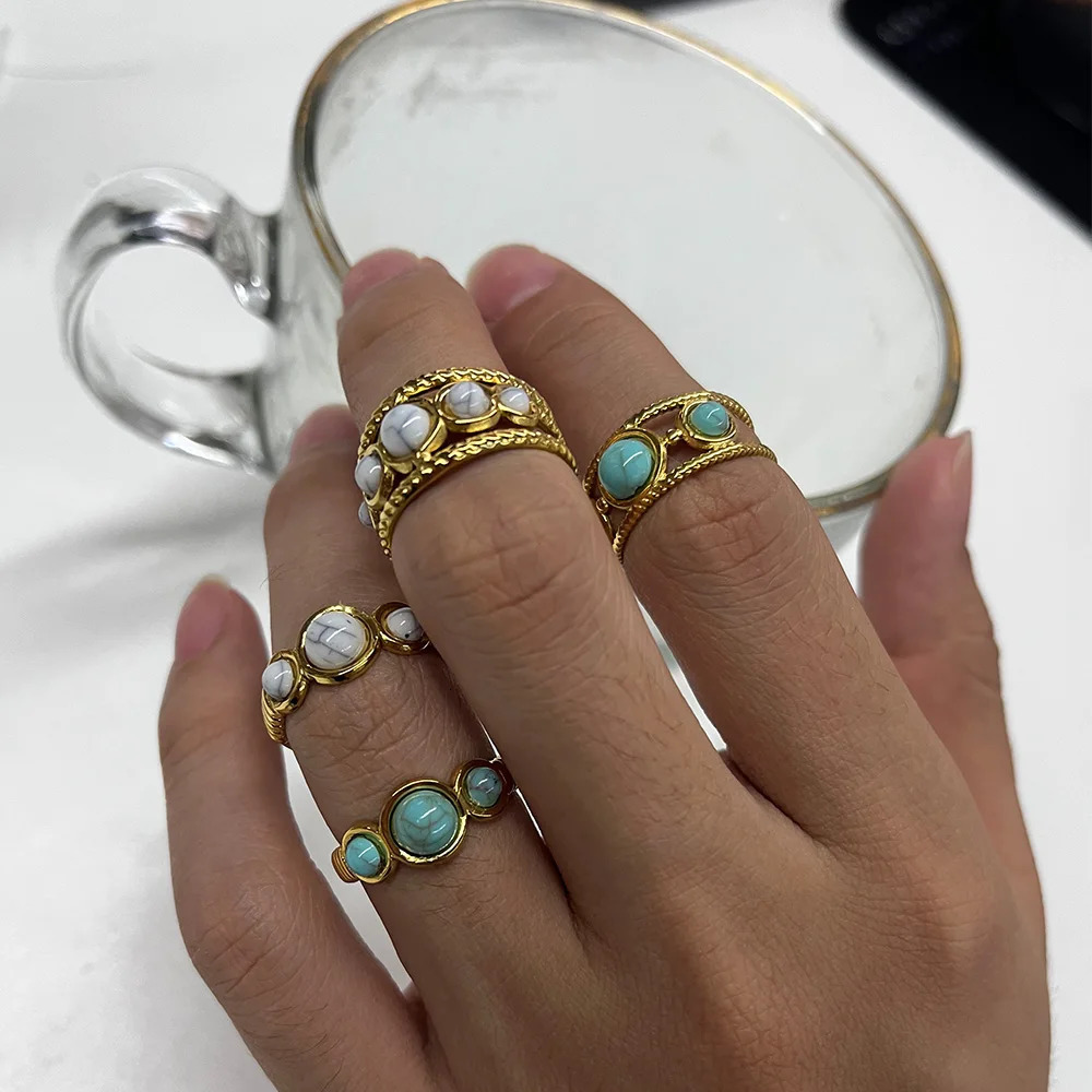Boho Blue Natural Stone Ring For Women Men Gold Color Stainless Steel Ring Hollow Adjustable Opening Rings Jewelry Gift 251219
