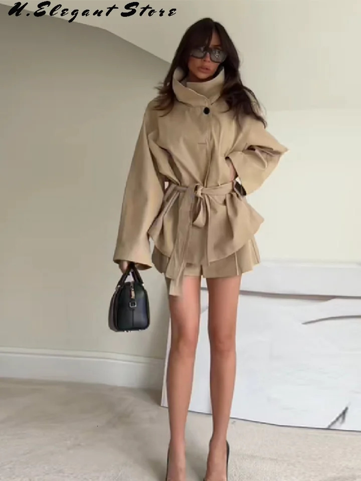Vintage Khaki Solid Trench Jacket For Women Lapel Full Sleeve Casual Coat With Belt Lady Autumn Winter Streetwears 251219