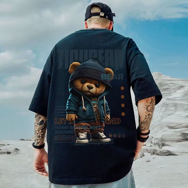 Oversized American Trendy Brand Big Size Loose Bear Print Cotton Men's Short-Sleeve T-Shirt, Summer Fashion Tee
