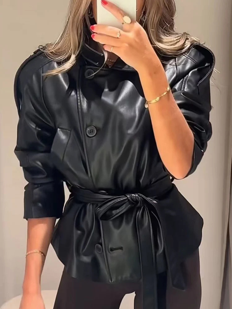 Women Vintage Pu Faux Leather Jacket With Belt Short Style Streetwear Fashion Leisure Single Breasted Retro Female Outwear 251205