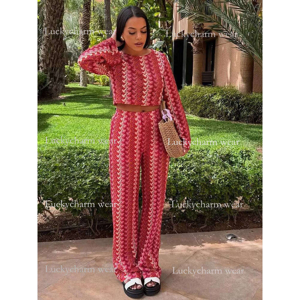 Crochet Knitting Pant Sets 2 For Woman Outfits 2025 New Fashion Long Sleeve Top Women's Suit Casual Two Pieces Set