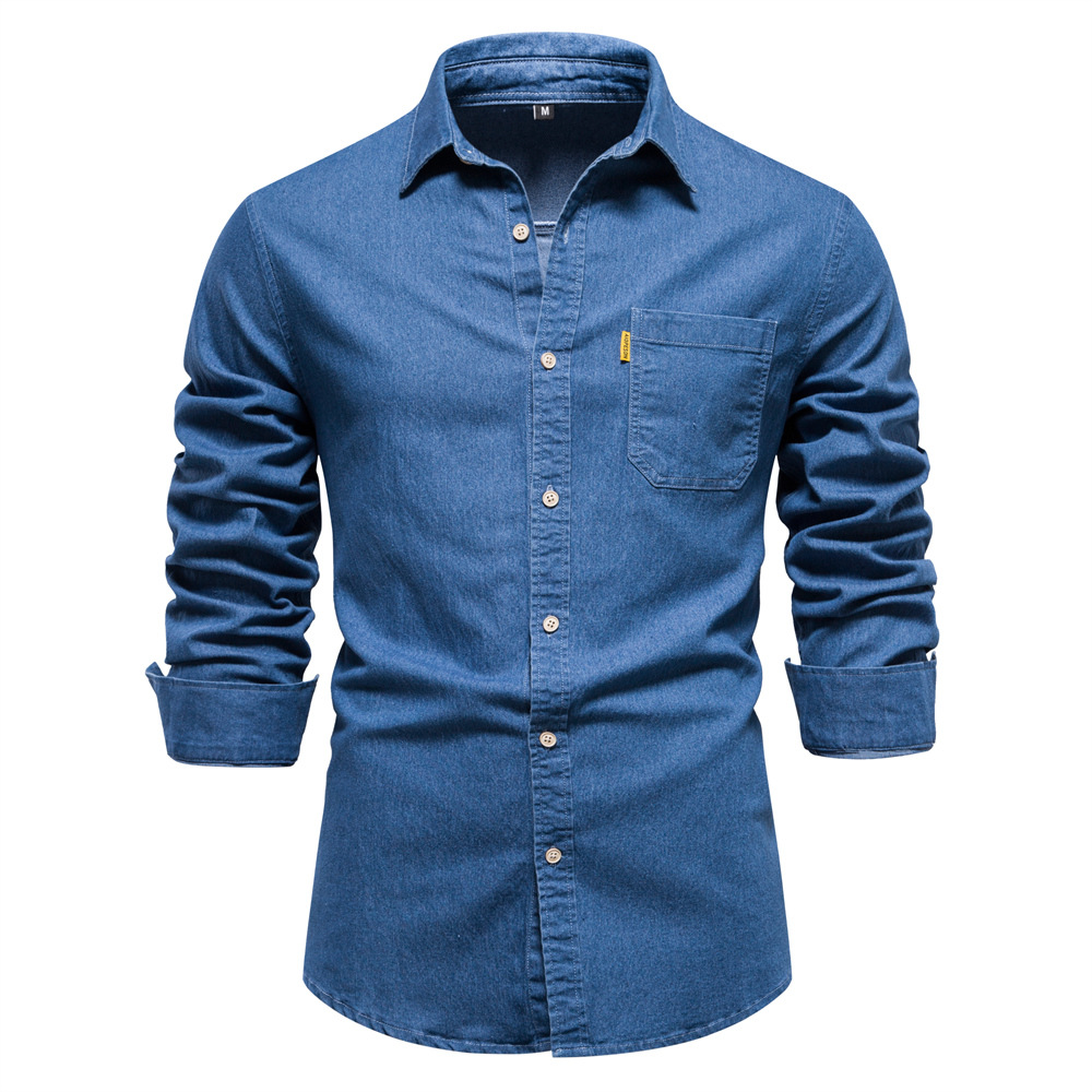 WOZK Men's autumn and winter European denim shirt, men's casual solid color denim long sleeved shirt, denim fabric inner top blue plus size 