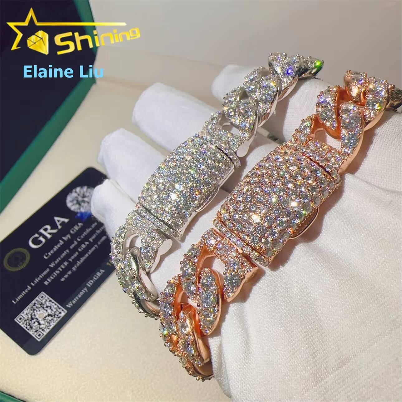GRA Certificated Hip Hop Sterling Silver 925 15mm Vvs Moissanite Fine Jewelry Cuban Link Chain Bracelet Moissanite Bracelet