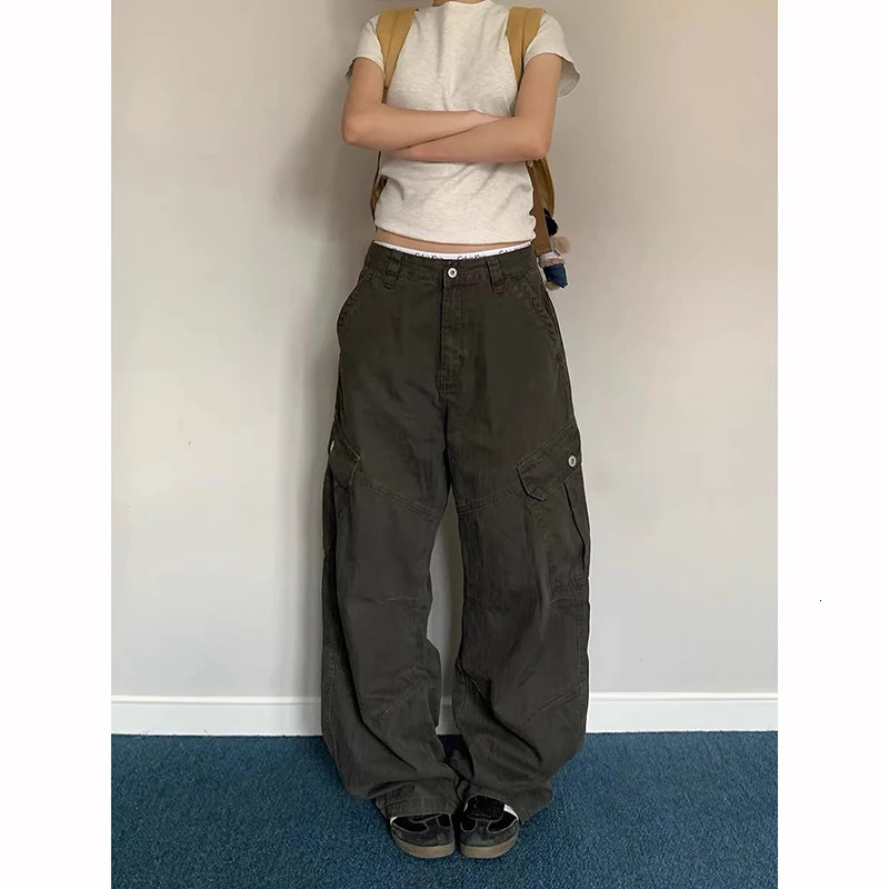 Women Green Y2k Baggy Cargo Harajuku Vintage Wash Denim Trouser Aesthetic 2000s Style Oversize Boyfriend Jeans Pants Autum Z260314
