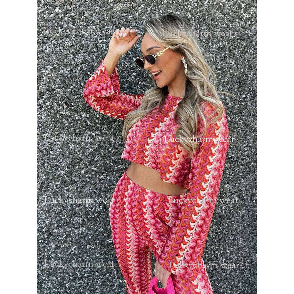 Crochet Knitting Pant Sets 2 For Woman Outfits 2025 New Fashion Long Sleeve Top Women's Suit Casual Two Pieces Set