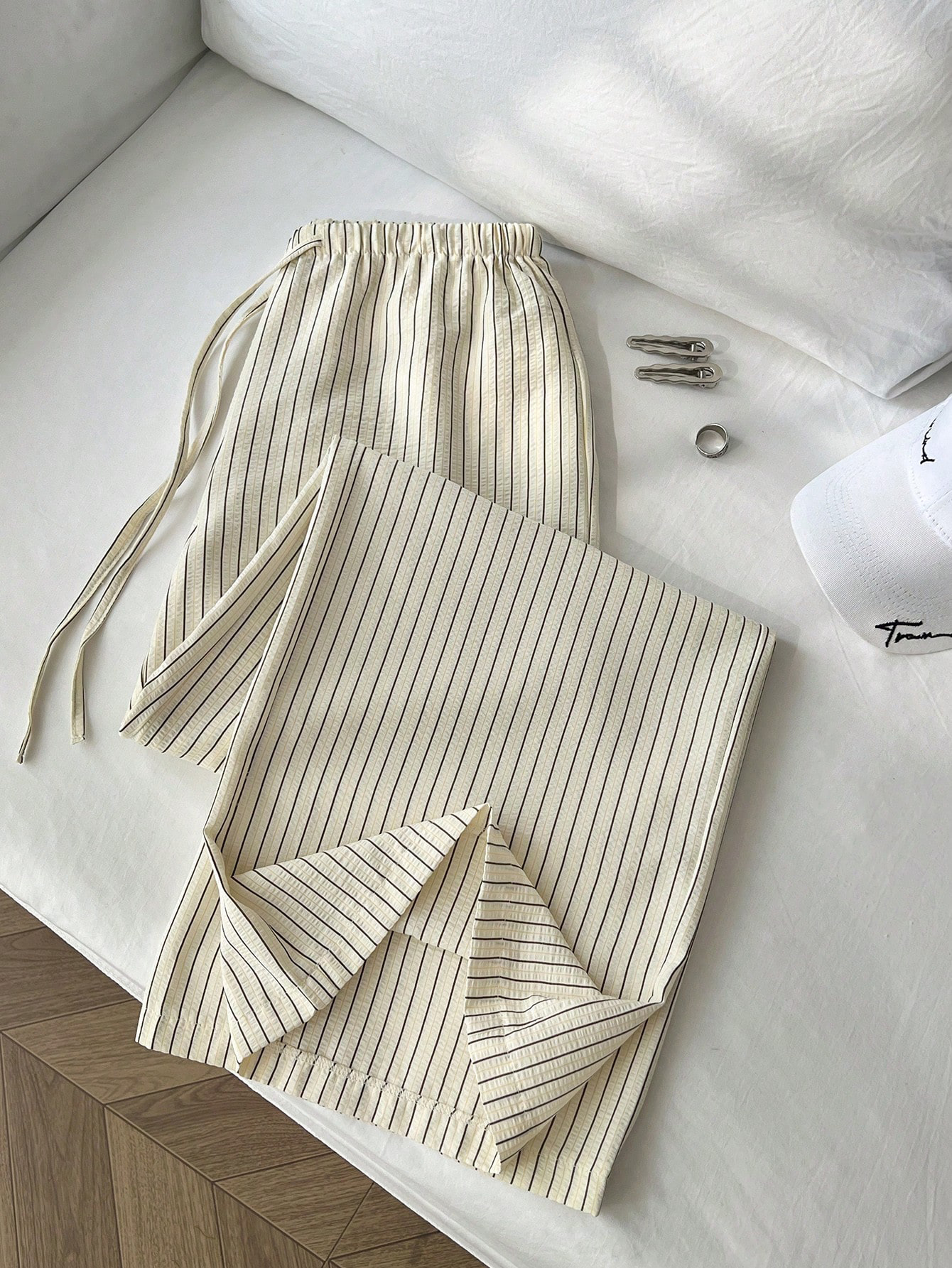 Women's Casual Office Commute Straight Leg Pants - Yellow Beige Striped Polyester Comfortable Trousers ---116