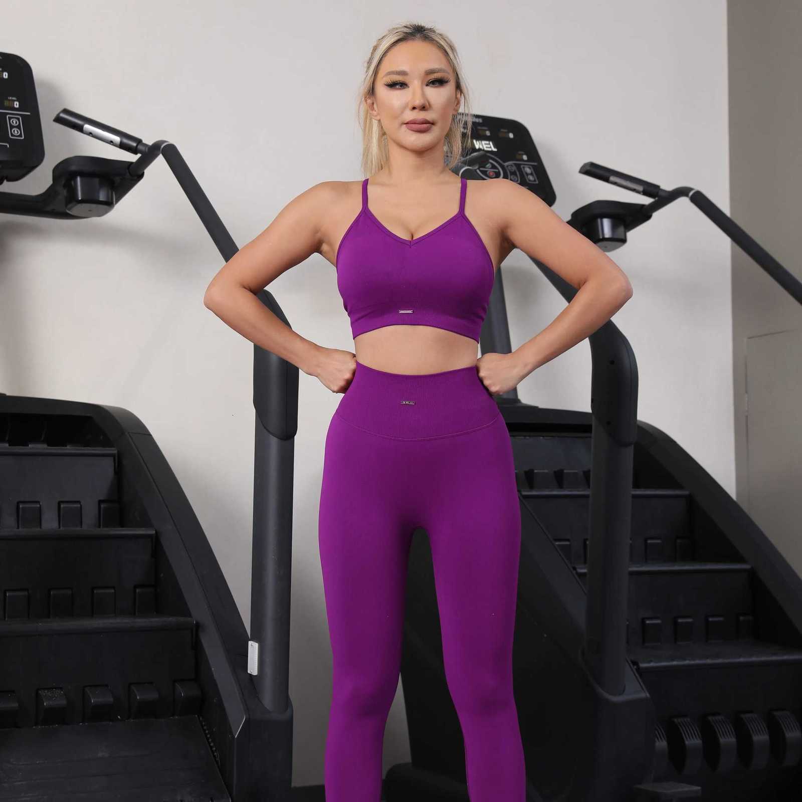 2PCS Womens Seamless Yoga Set Strappy Sports Bra with Pads High Waisted Leggings Workout Outfit Quick Dry Gym Suitt251219