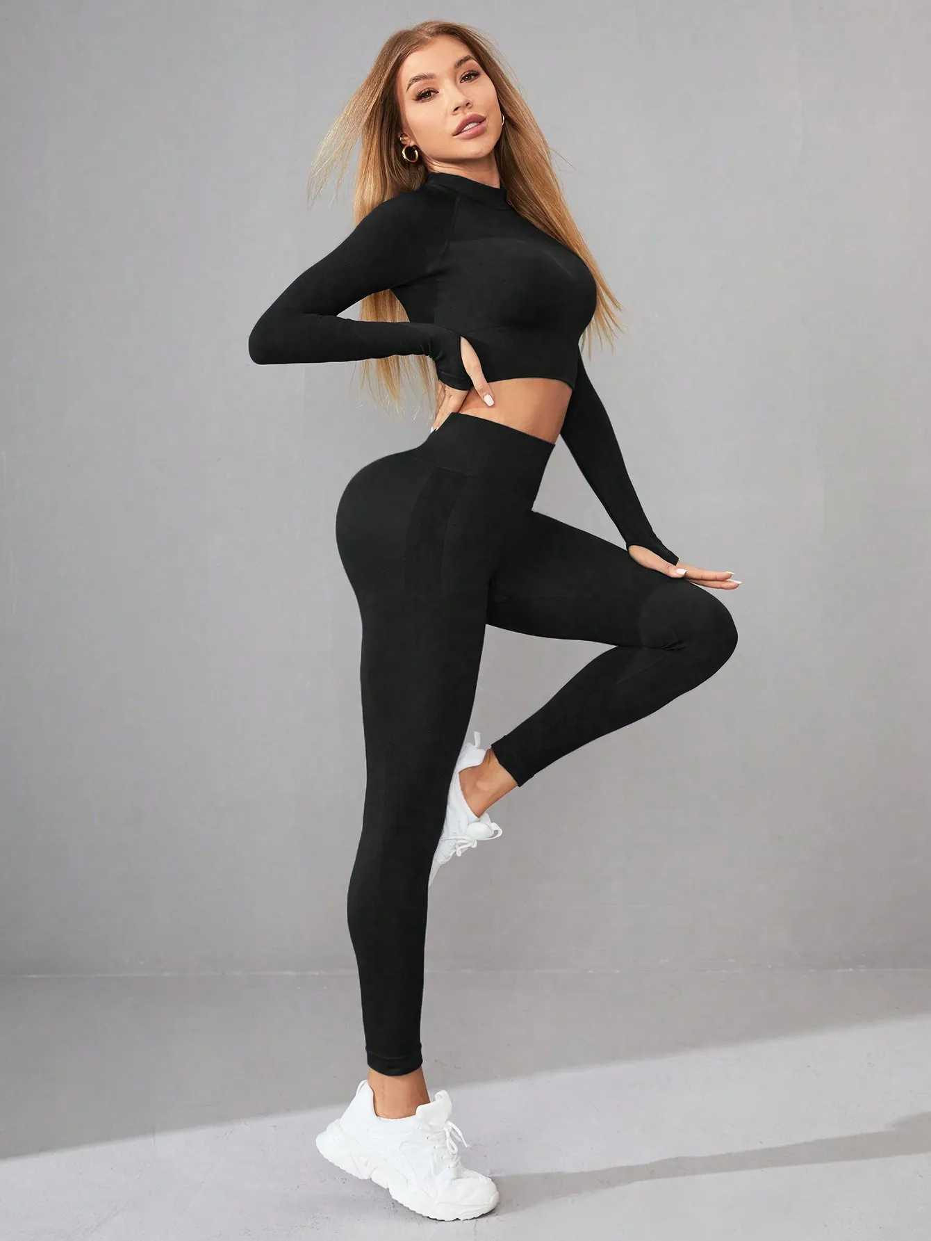 Women 2 Piece Workout Sets Hidden Scrunch Butt Lifting Seamless Leggings Long Sleeve Yoga Crop Topst251219