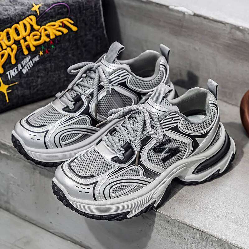 Trendy Unisex Chunky Dad Sneakers Silver Black Retro Couple | Breathable Mesh Casual Platform Shoes 25M1219