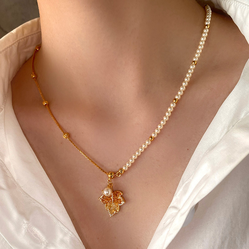 Real Gold Plated Silver Needle Zircon Crystal Maple Leaf Earrings Necklace Set Daily Versatile Collarbone Chain Light Luxury High-End Feel - view 3