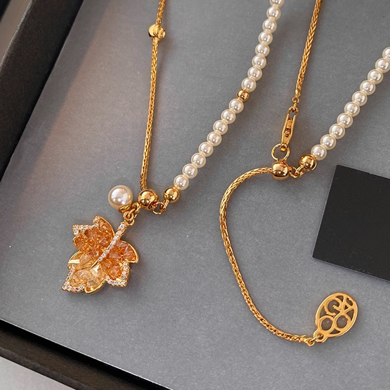 Real Gold Plated Silver Needle Zircon Crystal Maple Leaf Earrings Necklace Set Daily Versatile Collarbone Chain Light Luxury High-End Feel - view 4