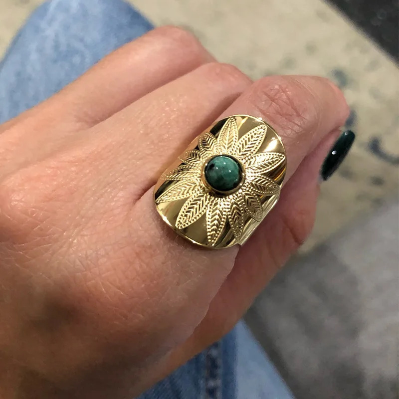 Boho Blue Natural Stone Ring For Women Men Gold Color Stainless Steel Ring Hollow Adjustable Opening Rings Jewelry Gift 251219