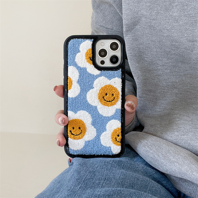 Embroidered Smiley Flower Case for iPhone 16 Pro Max Apple 17 Plush Sunflower 15 Autumn Winter