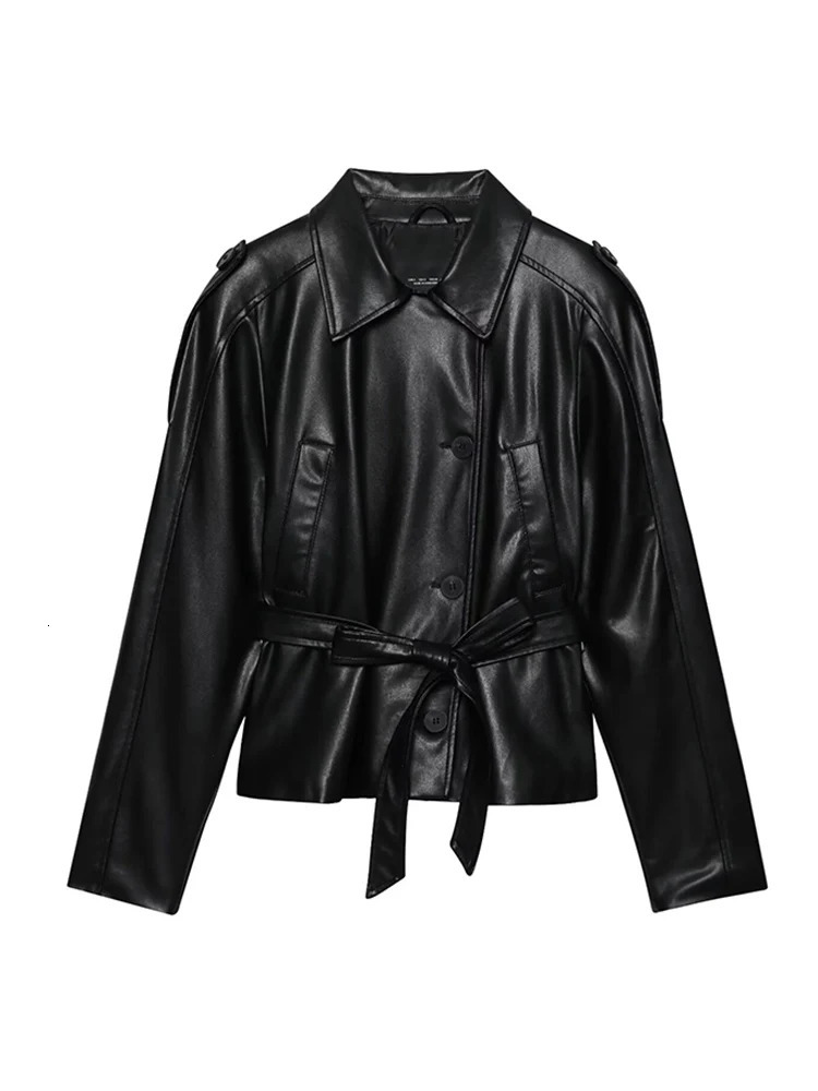 Women Vintage Pu Faux Leather Jacket With Belt Short Style Streetwear Fashion Leisure Single Breasted Retro Female Outwear 251205