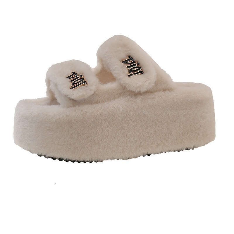 Internet Celebrity Magic Tape 8CM Thick Sole Furry for Women, Outdoor Wear, 2025 Autumn and Winter New Embroidered Letter Cotton Slippers