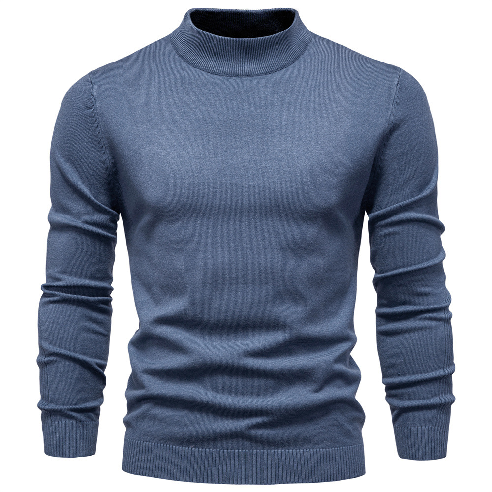 WOZK Autumn and winter new casual men's solid color pullover sweater semi high neck knitted sweater casual men's inner top thicken