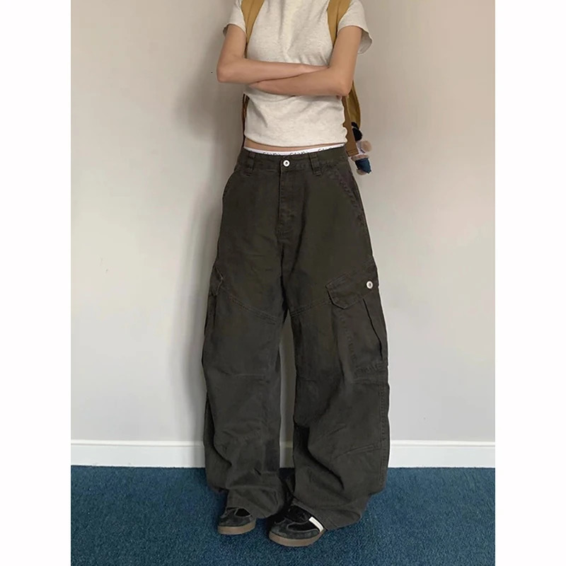 Women Green Y2k Baggy Cargo Harajuku Vintage Wash Denim Trouser Aesthetic 2000s Style Oversize Boyfriend Jeans Pants Autum Z260314