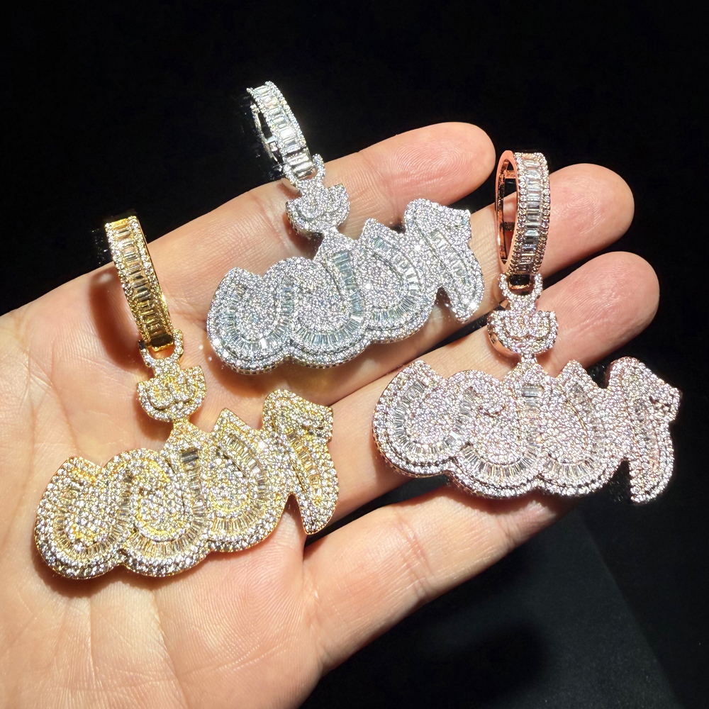 2025 New Arrivals Iced Out Arabic Calligraphy Fashion Pendant Necklace Bling Zircon Jewelry for Men Women Party Gift