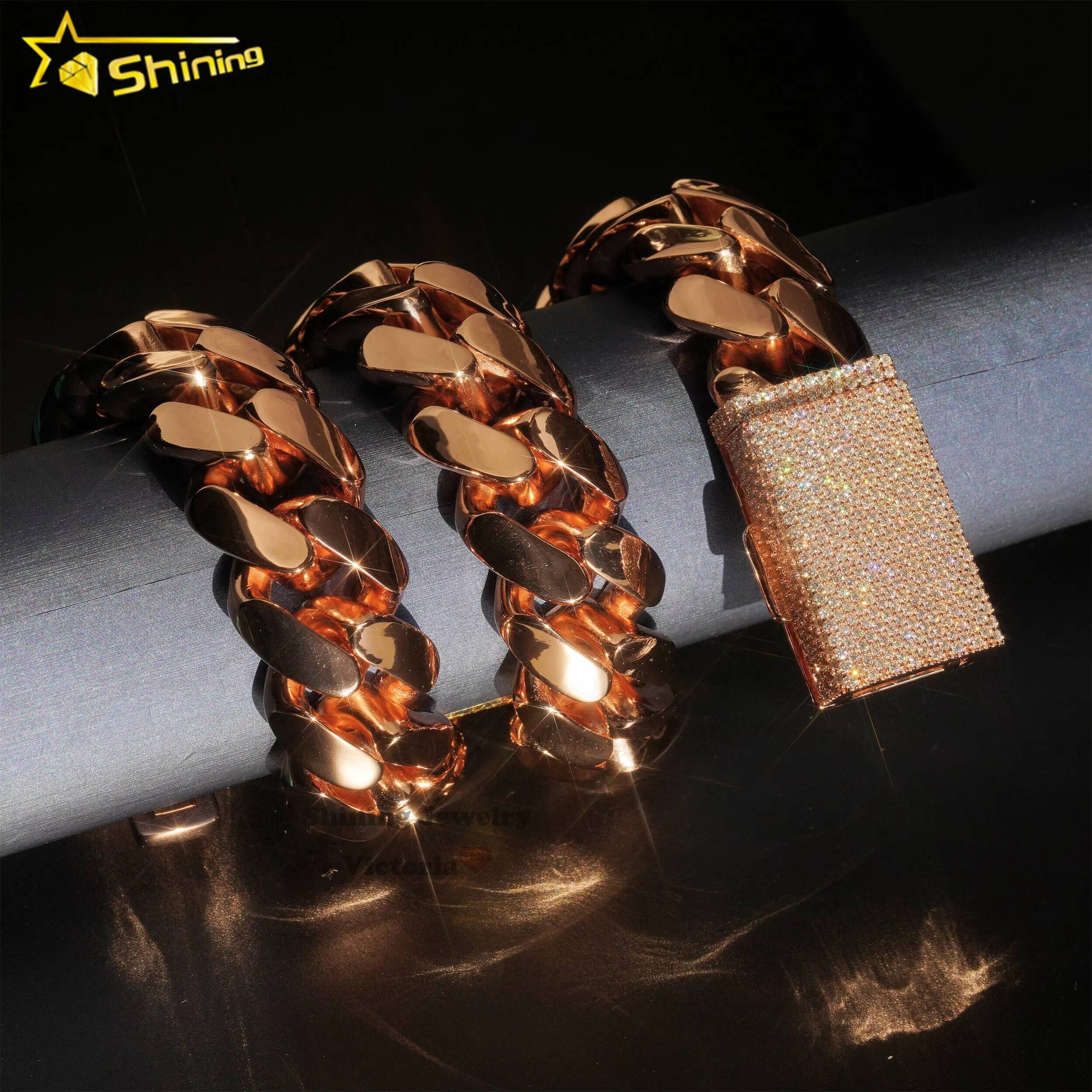 Factory Price Custom 22mm Gold Miami Cuban Link 999 Silver 14k Rose Gold Plated Iced Out Hiphop Moissanite Lock Cuban Link Chain