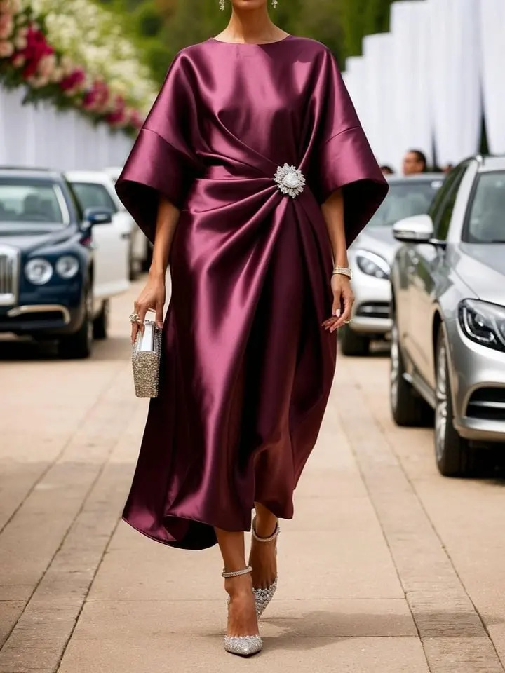 Satin Elegant Dress Round Neck Ruched Chic Button Half Sleeve Party Wedding Guest Evening for Women 2025 251219
