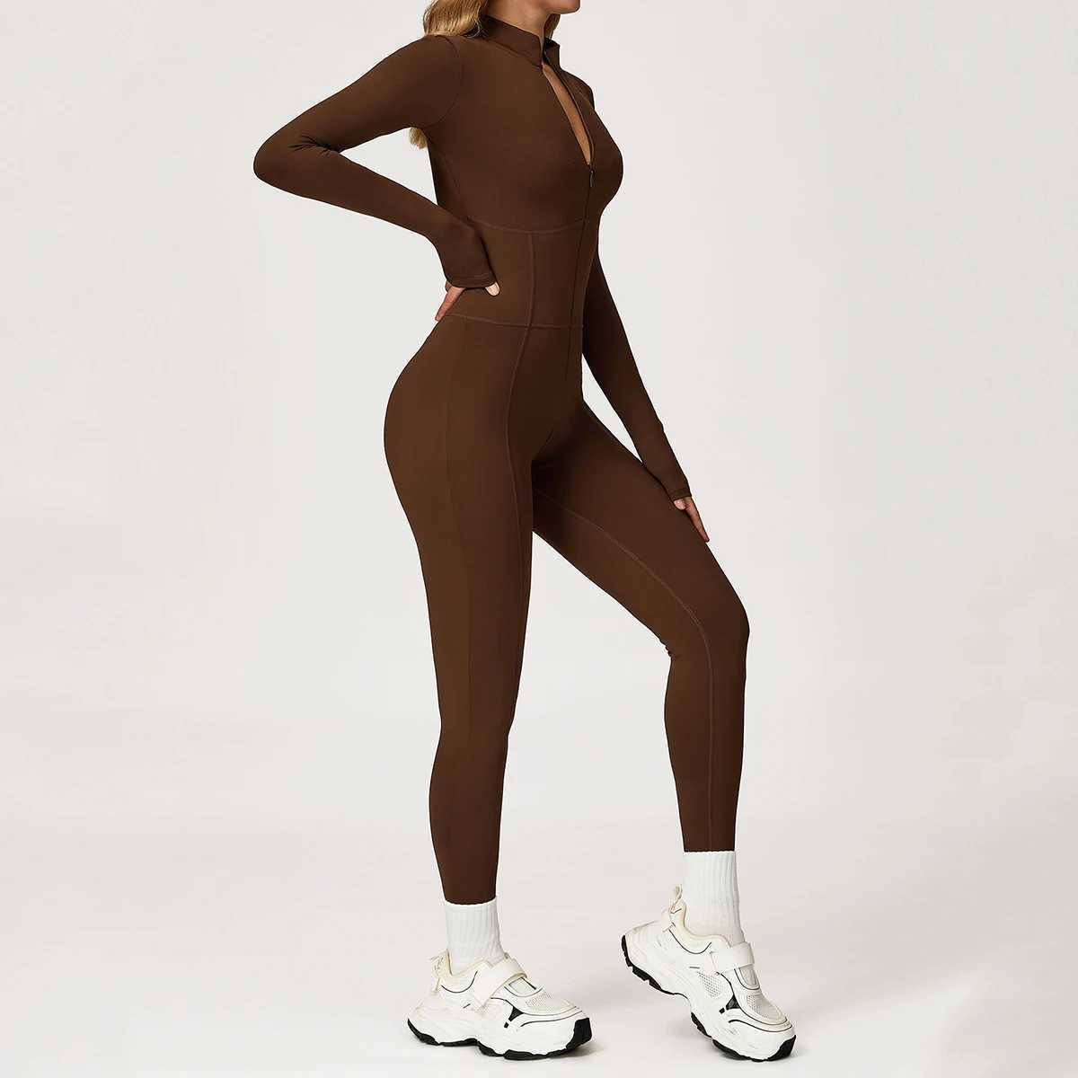 Hearuisavy Sports Jumpsuit Woman Gym Clothing Long Sleeve Yoga Overalls Female Casual Push-Up Thermal Zipper Fitness Bodysuitt251219