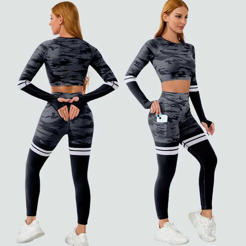 Seamless Fitness Long Sleeve Suits Cropped Top High Waist Trousers Yoga Two-piece Sets Outdoor Sports Running Womens Sportsweart251219