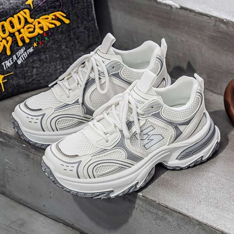 Trendy Unisex Chunky Dad Sneakers Silver Black Retro Couple | Breathable Mesh Casual Platform Shoes 25M1219