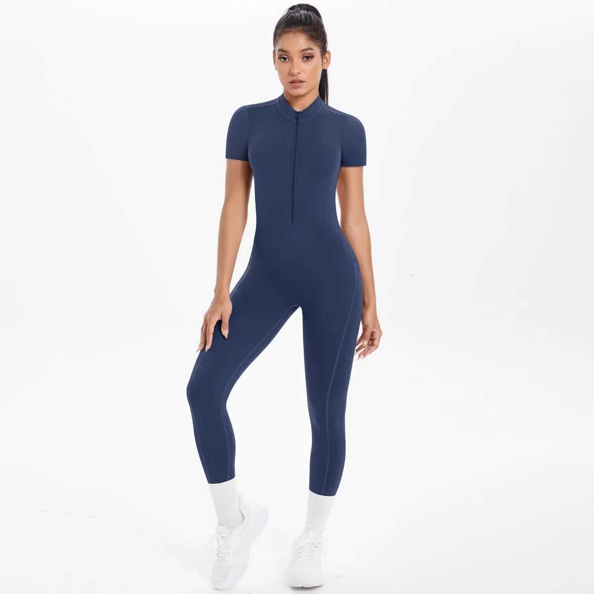 Women Short Sleeved Fitness Jumpsuit for Woman Bodysuits Backless Solid Color Scrunch One-Piece Suit Half Zipper Gym Yoga Setst251219